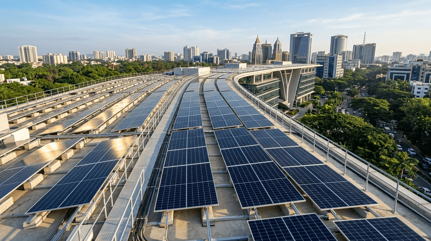 Rooftop solar panel installation under bright morning sunlight